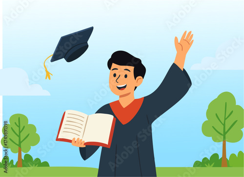 Graduation concept vector: student in toga and graduation cap throwing mortarboard in the air.m31.eps