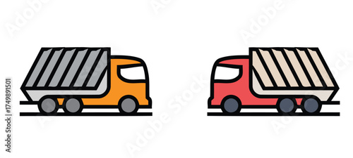 Set of two vector icons showing a garbage or waste collection truck. Concepts include municipal sanitation services, waste transport, and rubbish collection. Ideal for environmental and urban infrastr
