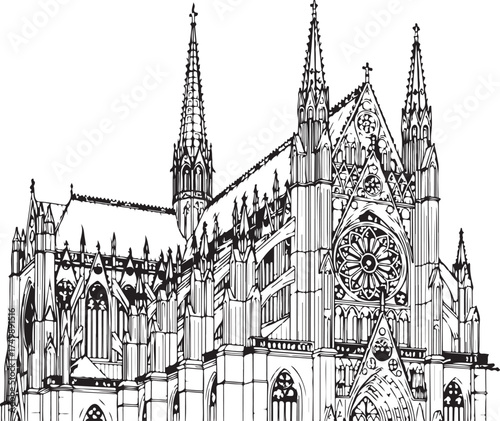 Intricate Black and White Drawing of a Grand Gothic Cathedral