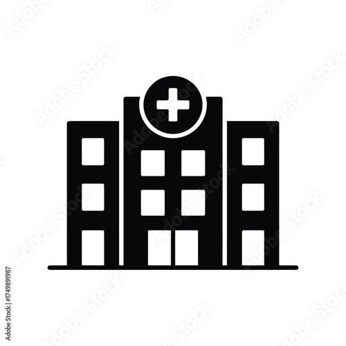Modern hospital building icon with medical cross symbol on top