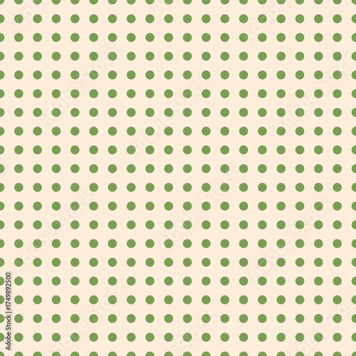 Moss green polka dots in a minimal grid on cream background. Ideal for surface patterns like wrapping, textile, or wallpaper.