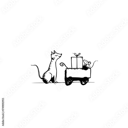 Cat watching a mouse riding in a wagon with a present in a black and white sketch illustration style