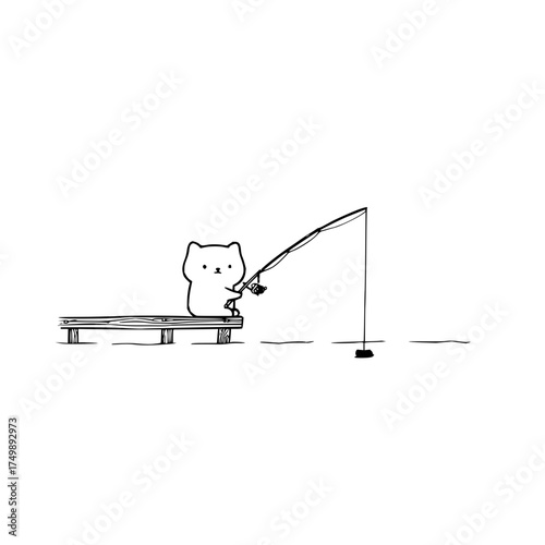 Cartoon cat sitting on a wooden dock holding a fishing rod with a line in the water waiting patiently