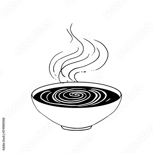 A bowl of dark liquid with a spiral pattern and rising steam in a simple black and white drawing style