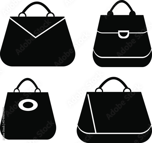 Handbag Silhouette Vector Set, Black Fashion Bag Icons Collection, Stylish Purse and Tote Clipart for Boutique and Logo Design