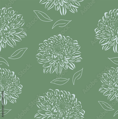 Jasmine flower repeat pattern with leaves on green background for fabric or wallpaper 