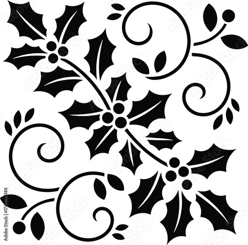Black holly leaves and berries with swirling vines decorative pattern vector