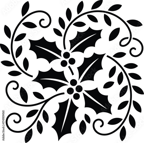 Black holly leaves and berries decorative flourish vector on white background leaf berry