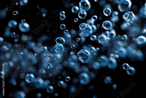 Abstract image of blue water droplets in mid-air