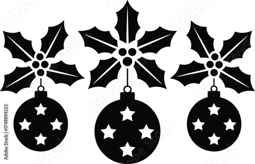 Black holly leaves and star decorated Christmas ornaments leaf vector design