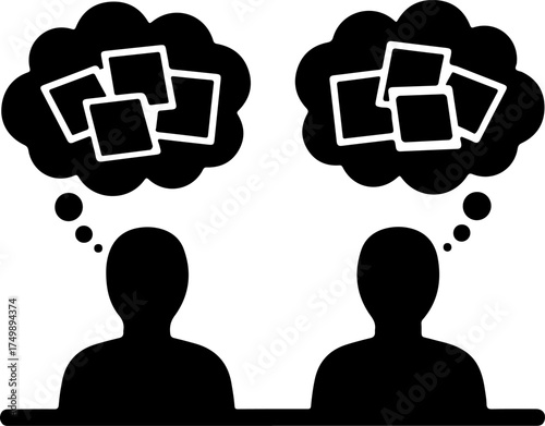 Two people brainstorming with photo memories and idea generation concept