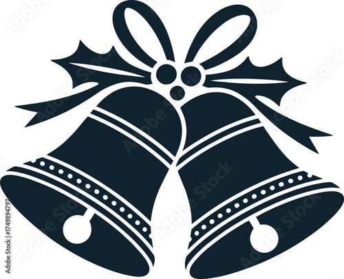 Dark blue Christmas bells with holly and ribbon vector icongraphic jingle holiday