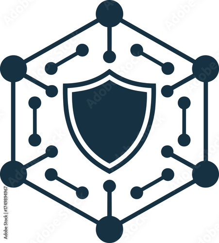 Dark blue shield icon with connected nodes and lines security protection