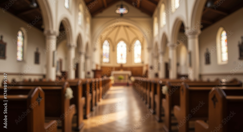 Fototapeta premium Blurred interior of empty church looking down aisle. Religious background for faith and spirituality concepts. Soft focus bokeh effect