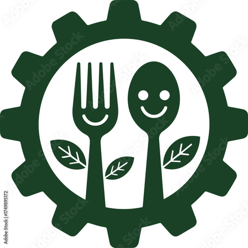 Dark green gear with smiling fork spoon logo and leaves graphic 