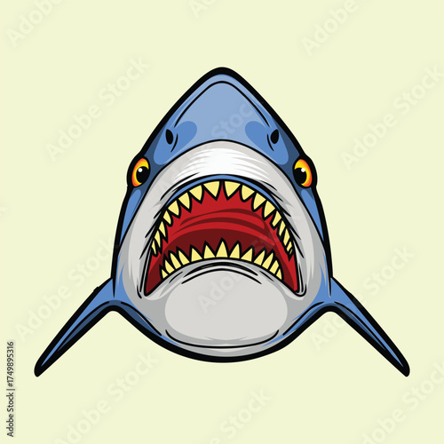 Intense Shark Head Vector Illustration with Fierce Gaze, Detailed Anatomy, Open Jaws, and Sharp Teeth for Oceanography Studies, Marine Life Projects, and Wildlife Art