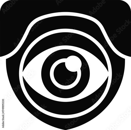 Black and white stylized eye within a shield icon shape graphic