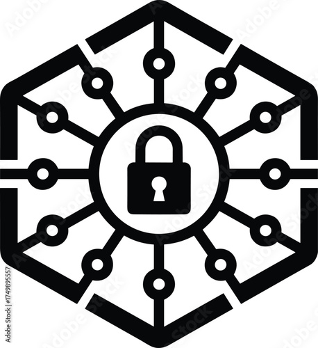 Black padlock icon within hexagonal network structure security connection