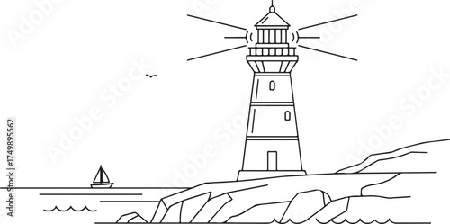Coastal Lighthouse Line Art on Rocky Shore with Sailboat and Flying Bird
