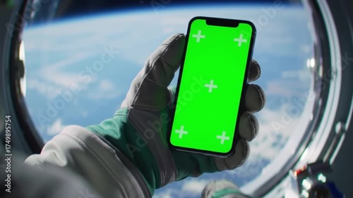 Astronaut's Hand in Space Glove Holding a Green Screen Smartphone with Earth in Background