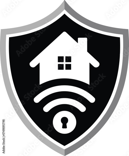 Black and white shield icon with house wifi and keyhole symbols security home