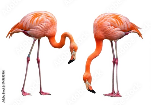 Two Elegant Pink Flamingos Standing Isolated on White Background
