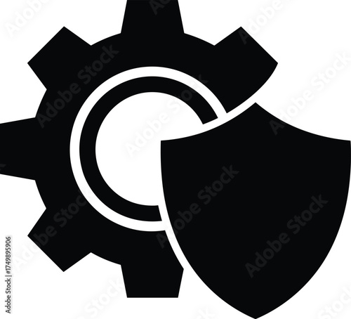 Black gear and shield icon on white background protection security