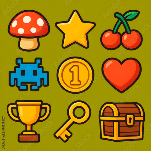 Gaming Icons And Mushroom, Star, Cherries, Pixel Alien, Coin, Heart, Trophy, Key And Treasure Chest.EPS
