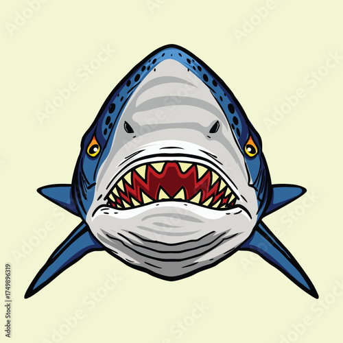 Menacing Shark Head Vector Art with Open Mouth and Detailed Teeth, Ideal for Oceanography Designs, Marine Life Education, Aquatic Animal Illustrations, and Cartoon Graphics