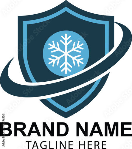 Dark blue shield with white snowflake and swoosh logo cold
