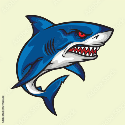 Aggressive Shark Cartoon Vector Illustration: Blue Predator with Red Eyes and Sharp Teeth Ready to Strike, Marine Animal Mascot for Sports Teams and Gaming Logos Isolated on Light Background