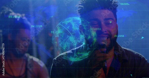 Singing vocalist holding mic on concert stage under blue lights with digital globe and numeric data