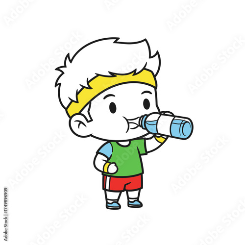 Cute Cartoon Boy Hydrating with Water Bottle After Exercise.