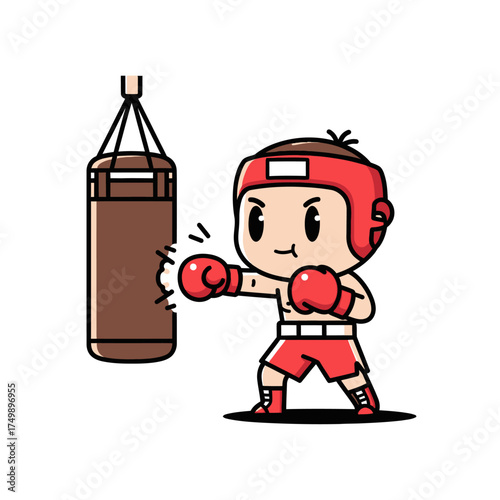 Cartoon Boxer Training with Punching Bag - Focused and Determined.