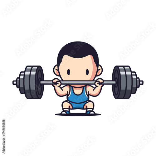 Adorable cartoon character weightlifting with a heavy barbell.