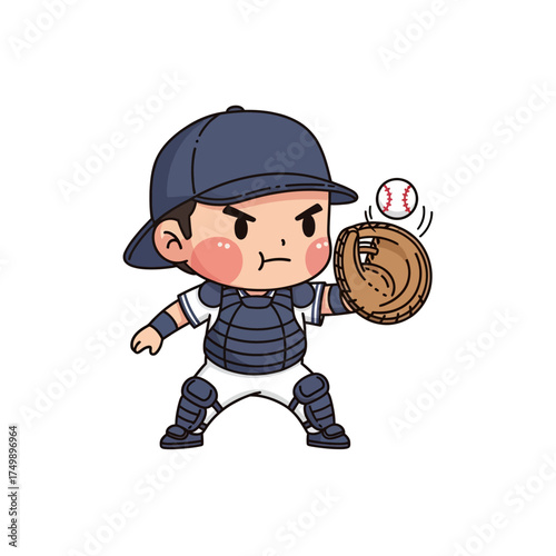 Cute chibi boy baseball catcher character ready for the game.