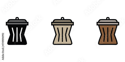 Set of three vector icons illustrating broken or damaged dustbins (trash cans). Represents issues with waste containers, malfunction, or needing replacement. Suitable for maintenance and city service 