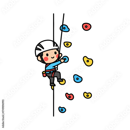 Cute cartoon child climbing a rock wall with safety gear.