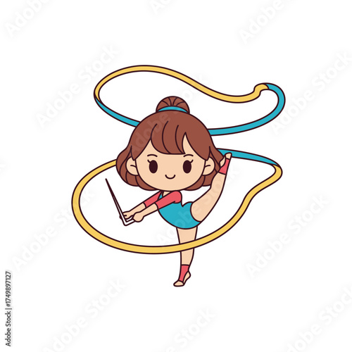 Gymnast girl gracefully performing with ribbon in rhythmic gymnastics competition.