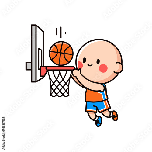 Cute cartoon boy character slam dunking a basketball into the hoop.