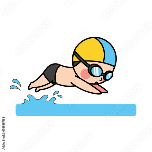 Cute cartoon child swimming with goggles and cap.