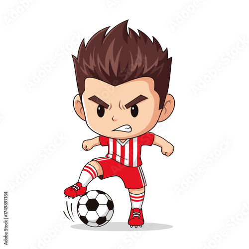 Determined Chibi Soccer Player Dribbling Ball.