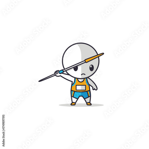 Cute Cartoon Javelin Thrower Character Ready to Compete in Sports Event.