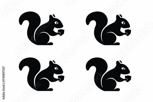 set of Squirrel eating nut icon silhouette illustration isolated on white background