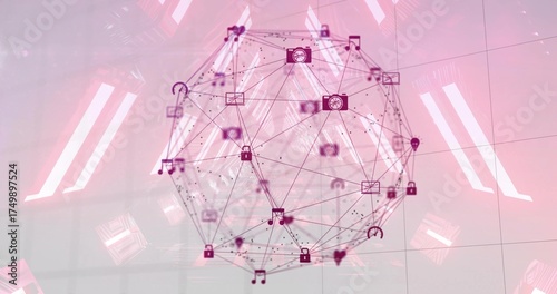 Floating sphere showing nodes in data space, with padlock, musical note, envelope, camera icons