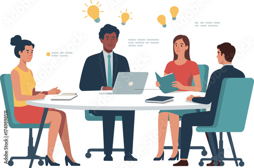 Business meeting teamwork concept, diverse office employees brainstorming creative ideas, corporate discussion table with laptop and documents, innovation collaboration success strategy