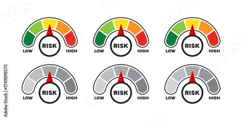 Risk Meter Gauge Set. Low, Medium, and High Level Indicators