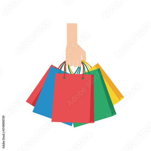 Hand holding colorful shopping bags, a symbol of retail therapy and consumerism.