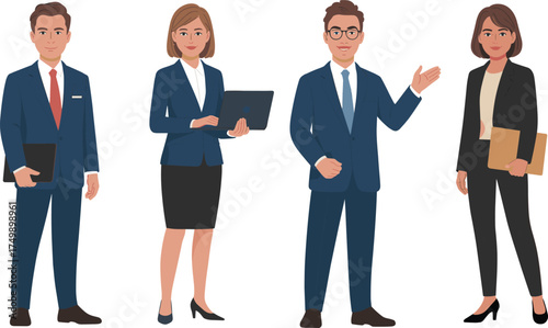Business team professionals standing together, corporate employees in formal attire, teamwork concept, leadership, collaboration, office diversity, successful management illustration