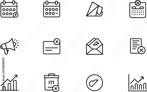 Business productivity icons set, calendar schedule, data analytics, marketing notification, email message, growth chart, minimalist black line design vector illustration